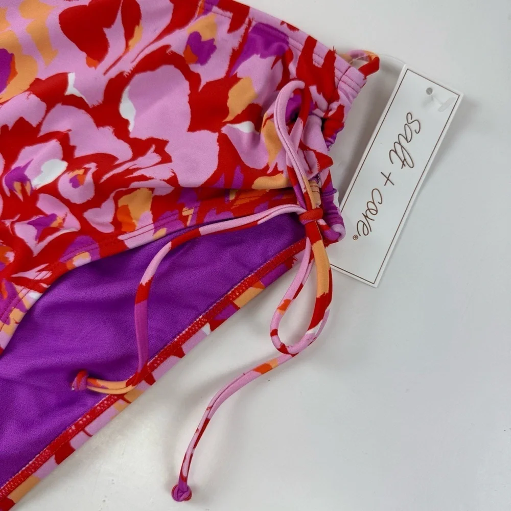Salt + Cove Bikini Bottom Juniors Size Medium Red Pink Floral Side Tie Swim NWT